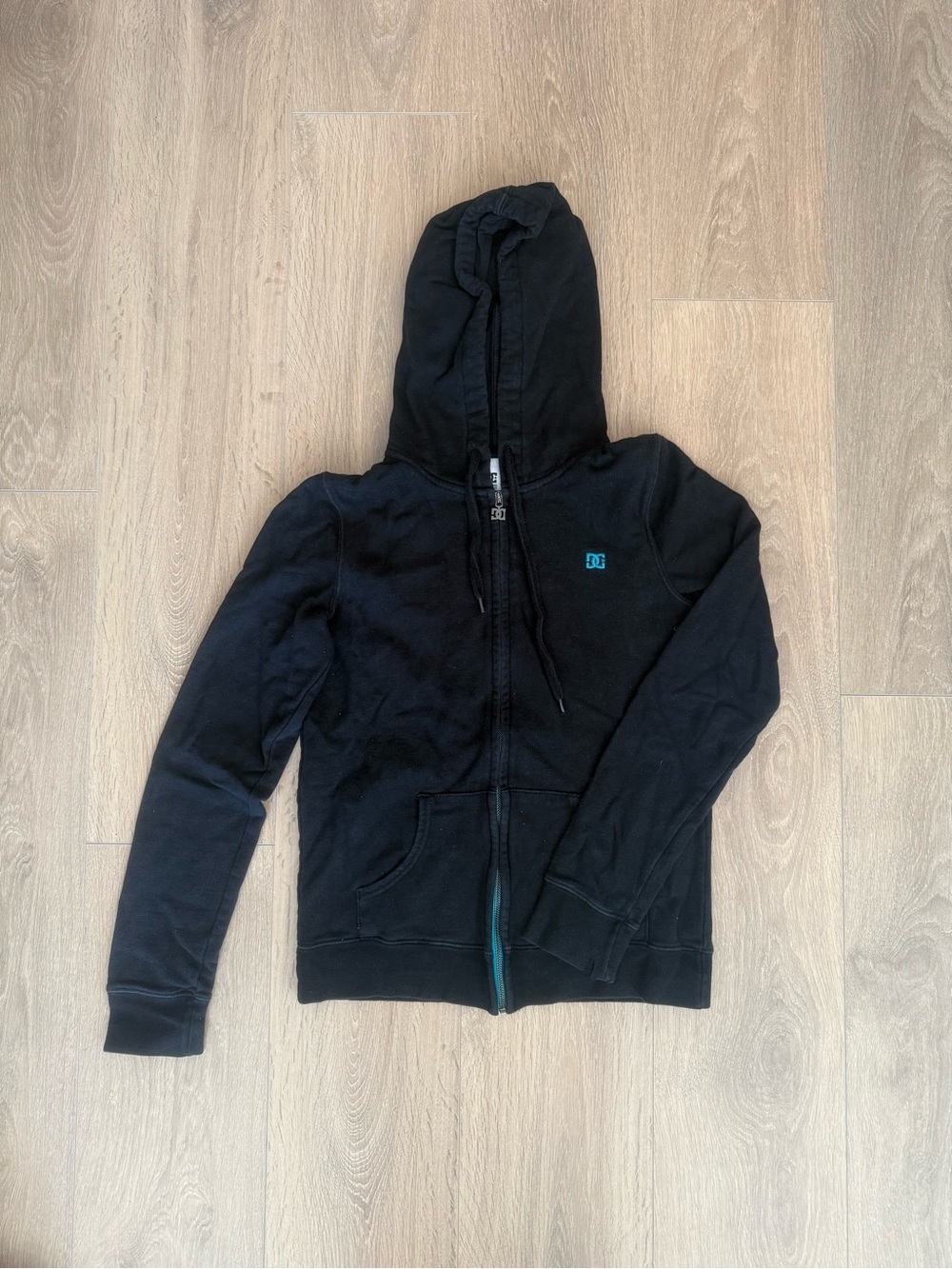 DC Black Zip Hoodie with Teal Chest Logo